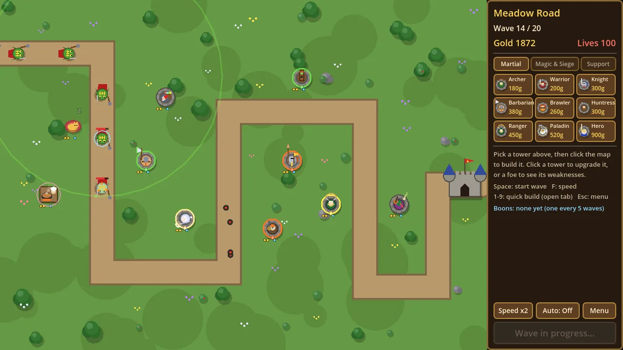 Crown and Siege: heroes defend the Meadow Road on wave 14