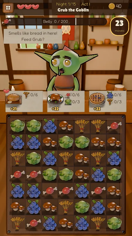 Feast for Beasts: Grub the Goblin waits for bread above the match-3 board