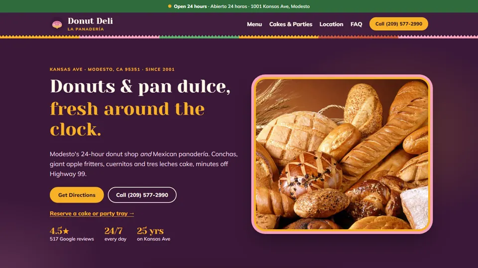 Donut Deli website homepage: 24-hour donut shop and Mexican panaderia