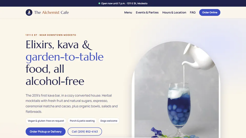 The Alchemist Cafe website homepage: kava bar and garden-to-table food